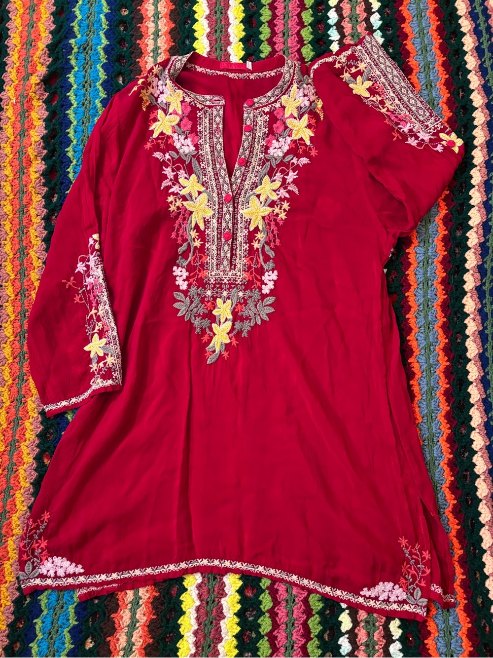 Johnny Was Embroidered Red Tunic Top